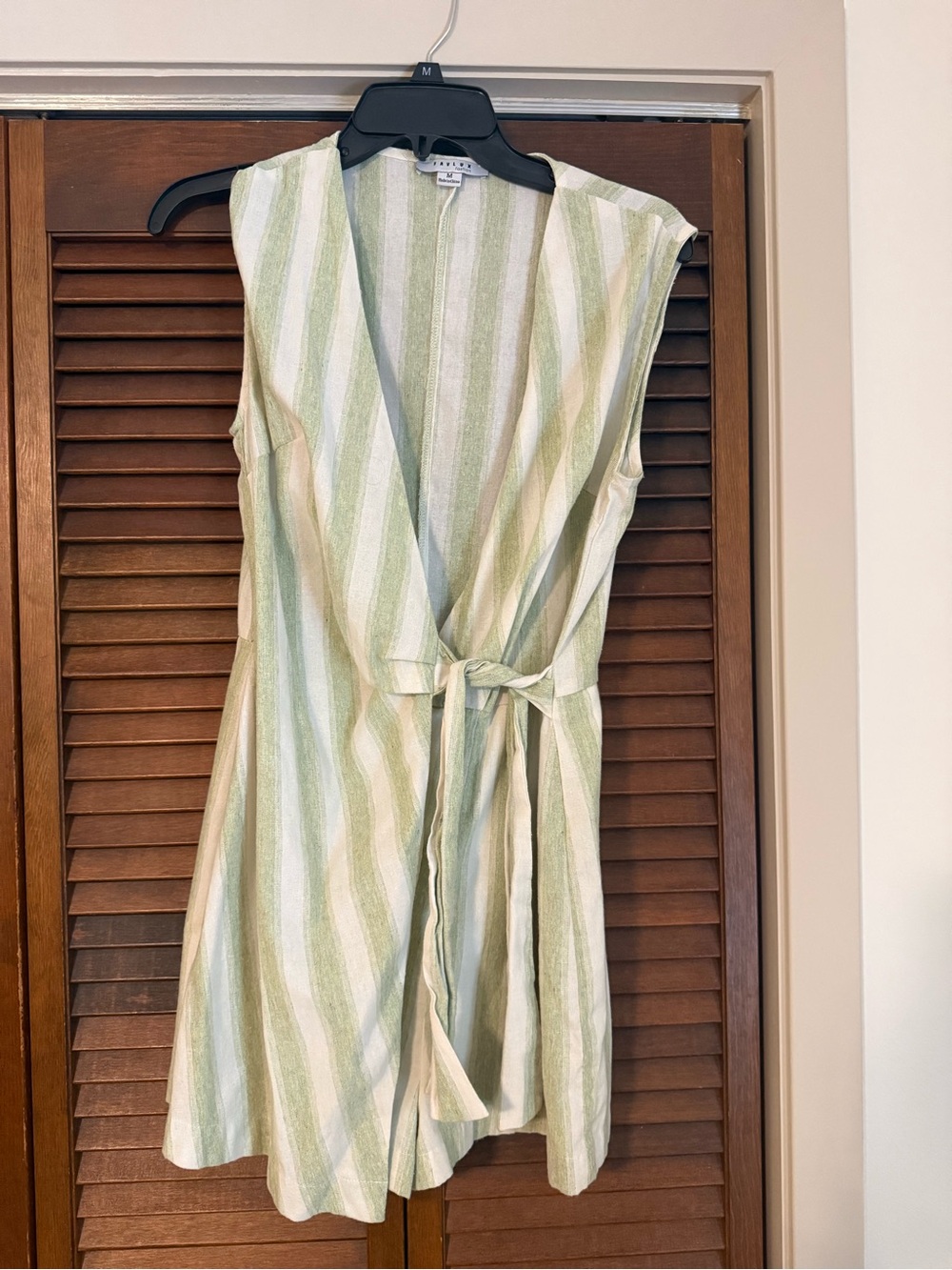 Light Green & White Striped Sleeveless Romper with overlay.